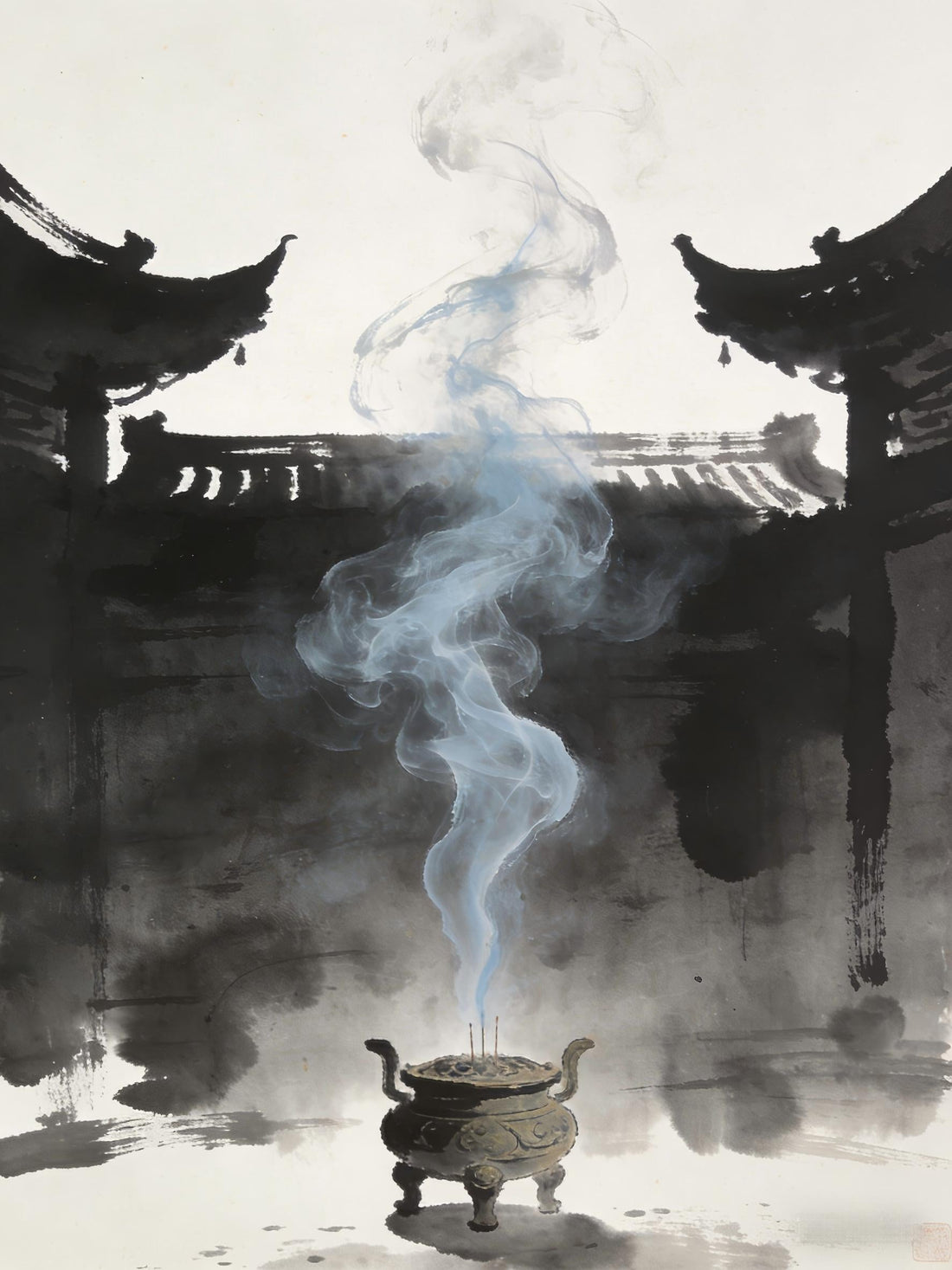 Incense smoke rising at Tianshi Fu temple, symbolizing the Four Offices watching human actions, Longhu Mountain Zhengyi tradition