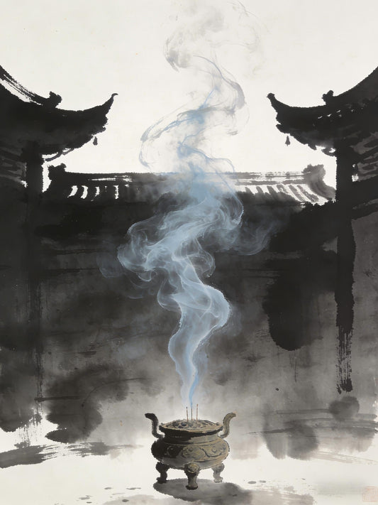 Incense smoke rising at Tianshi Fu temple, symbolizing the Four Offices watching human actions, Longhu Mountain Zhengyi tradition