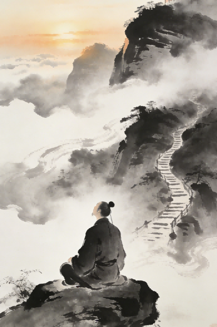 Longhu Mountain morning mist, Zhengyi Taoist priest sitting in meditation