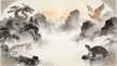 Four Symbols celestial animals (Azure Dragon, White Tiger, Vermilion Bird, Dark Warrior) as ink wash imagery in misty Longhu Mountain, Taoist cultivation practice