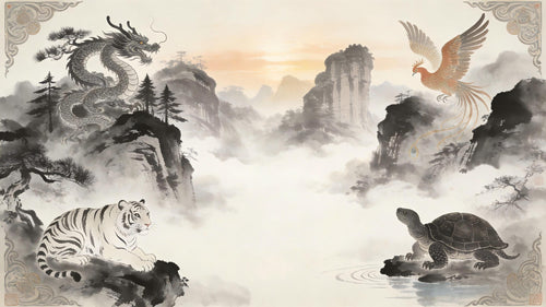 Four Symbols celestial animals (Azure Dragon, White Tiger, Vermilion Bird, Dark Warrior) as ink wash imagery in misty Longhu Mountain, Taoist cultivation practice