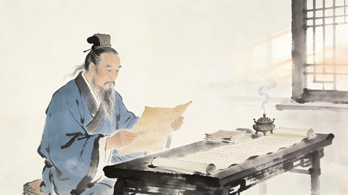 Taoist priest studying ancient scriptures, Fourteen Virtues