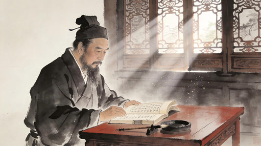 A Taoist priest studying ancient manuscripts in a temple library at Longhu Mountain, discovering Sanskrit annotations about the Great Brahman concept in morning light through carved wooden windows