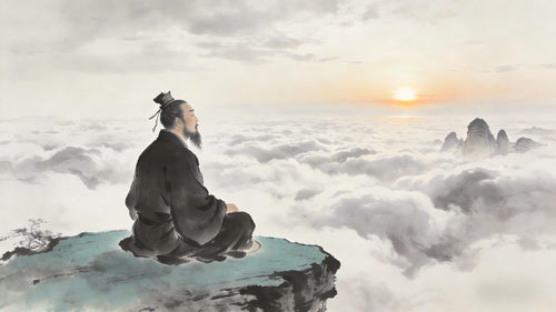 A Taoist priest sitting in meditation on a mountain summit platform facing east at dawn, first light appearing on the horizon above a sea of clouds, representing tian ji — the heavenly mechanism