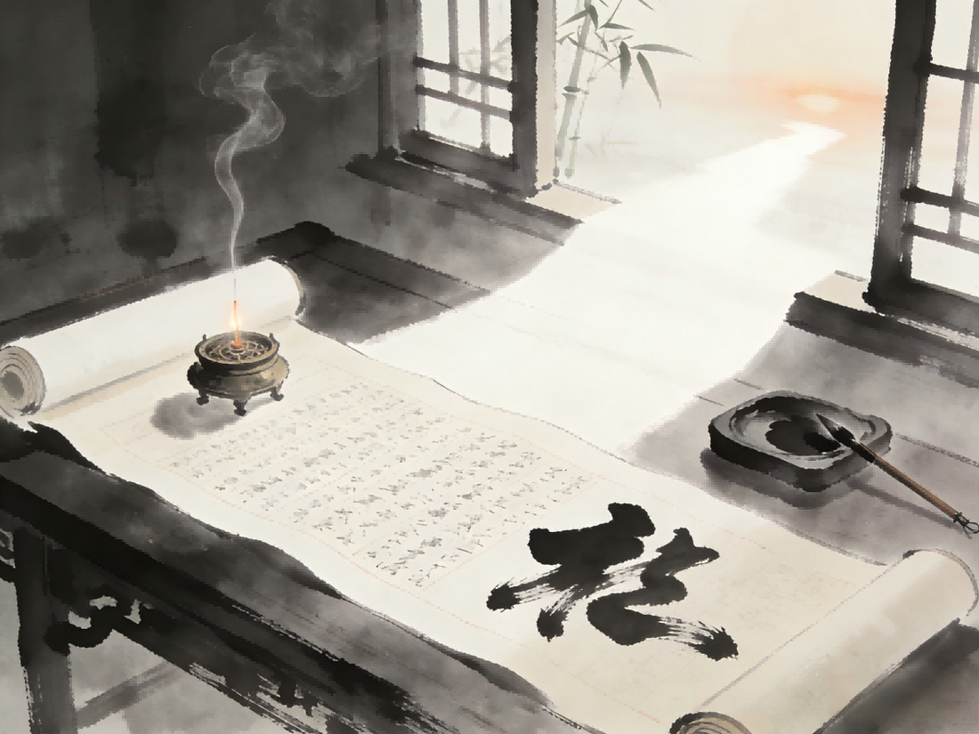 A Taoist practitioner obsessed with ritual techniques, studying manuals by candlelight