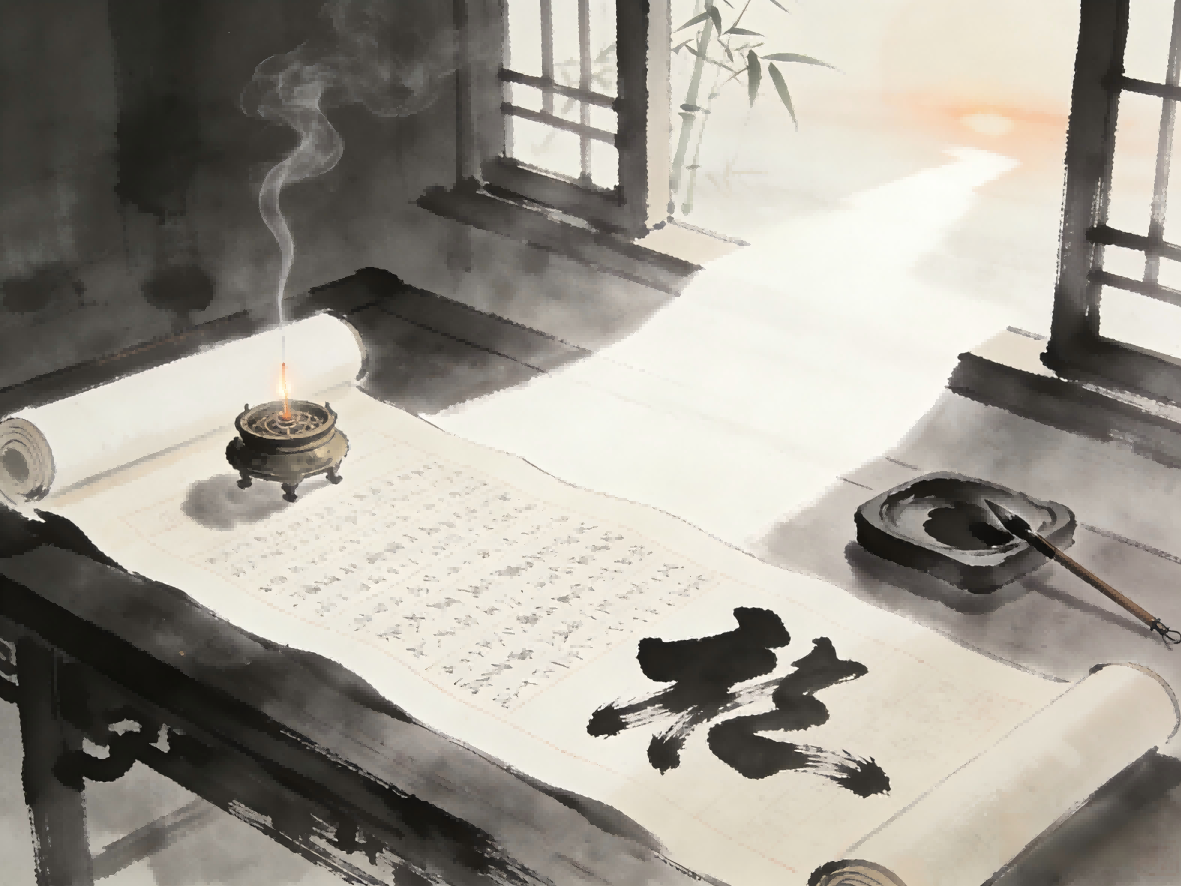 A Taoist practitioner obsessed with ritual techniques, studying manuals by candlelight