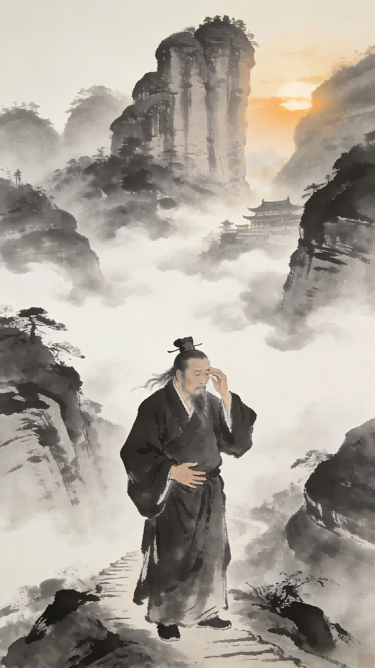 Taoist priest checking his body anxiously