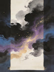 Primordial qi energy emerging from the cosmic void, golden and purple hues swirling in emptiness, traditional Chinese ink wash painting style, wugen theme