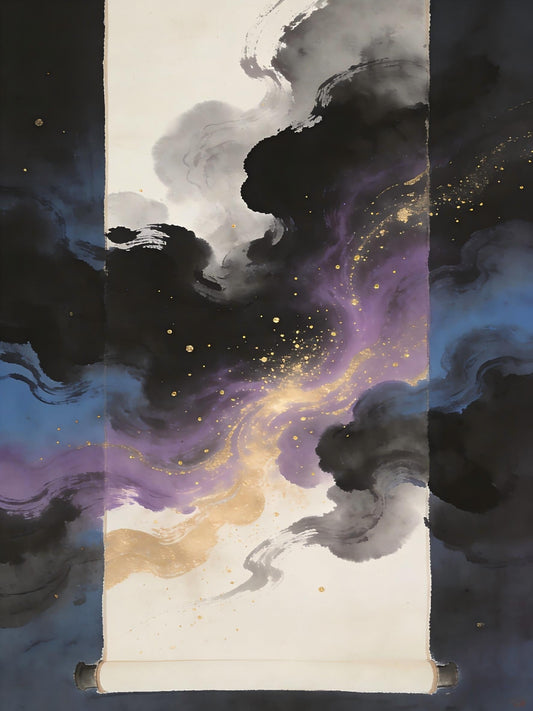 Primordial qi energy emerging from the cosmic void, golden and purple hues swirling in emptiness, traditional Chinese ink wash painting style, wugen theme