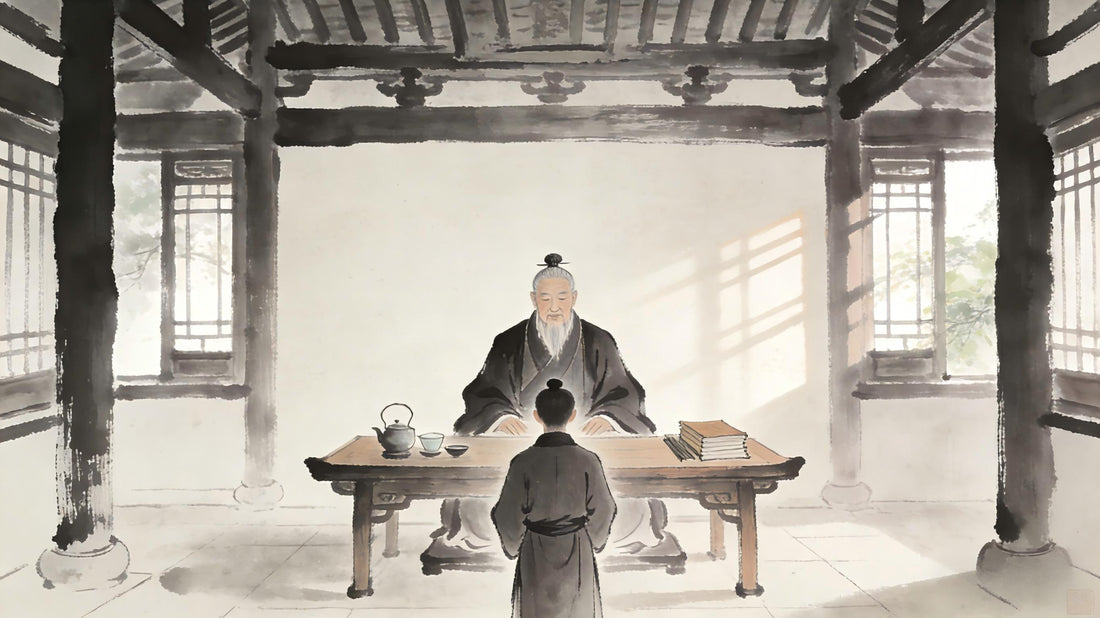 Taoist priest teaching student, transmission scene</p>