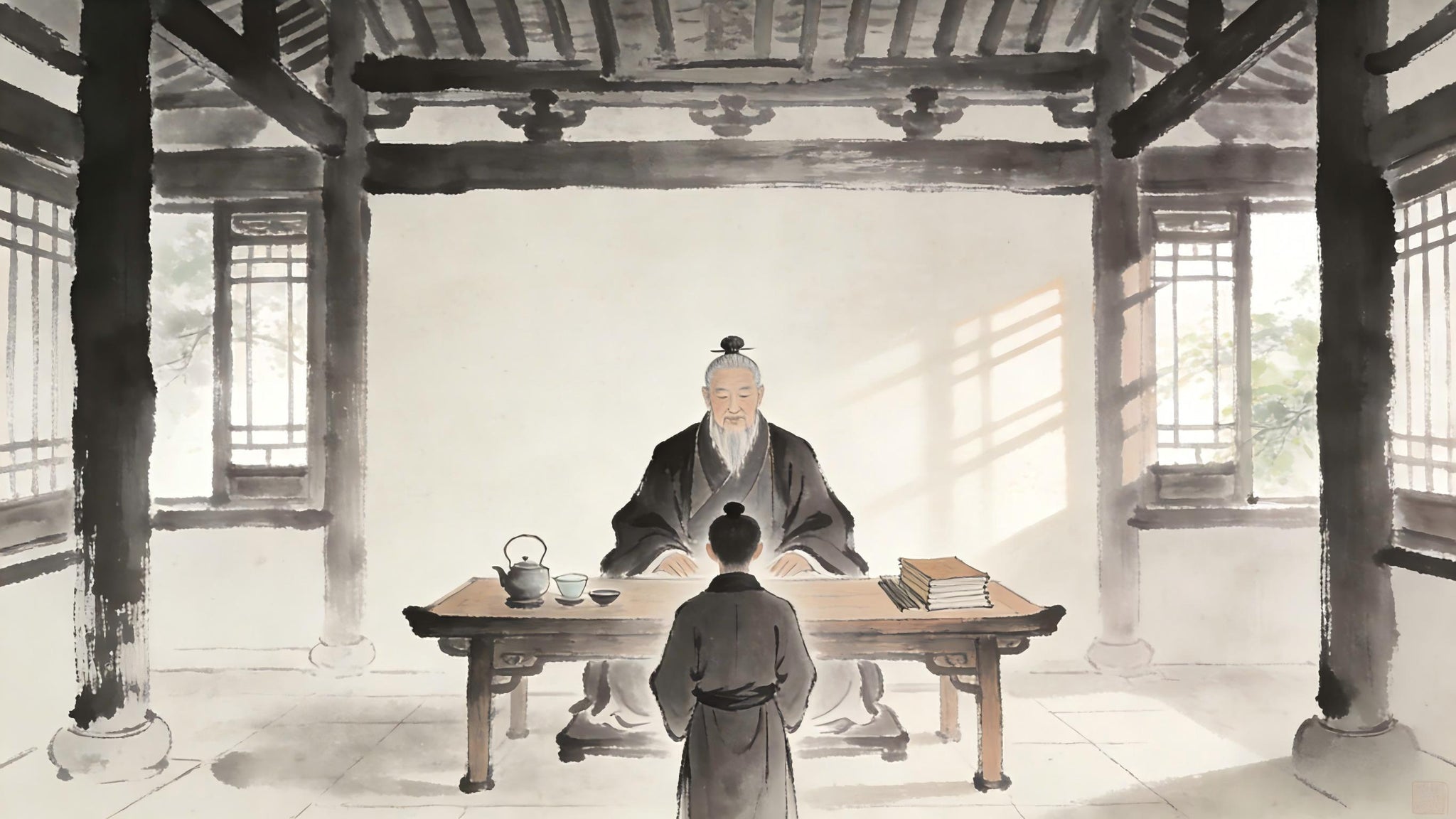 Taoist priest teaching student, transmission scene</p>