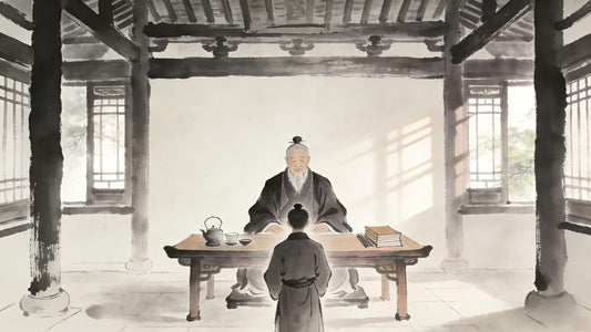 Taoist priest teaching student, transmission scene</p>