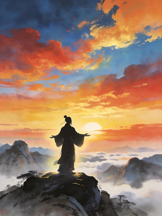 Taoist absorbing dawn glow qi at sunrise on mountain peak