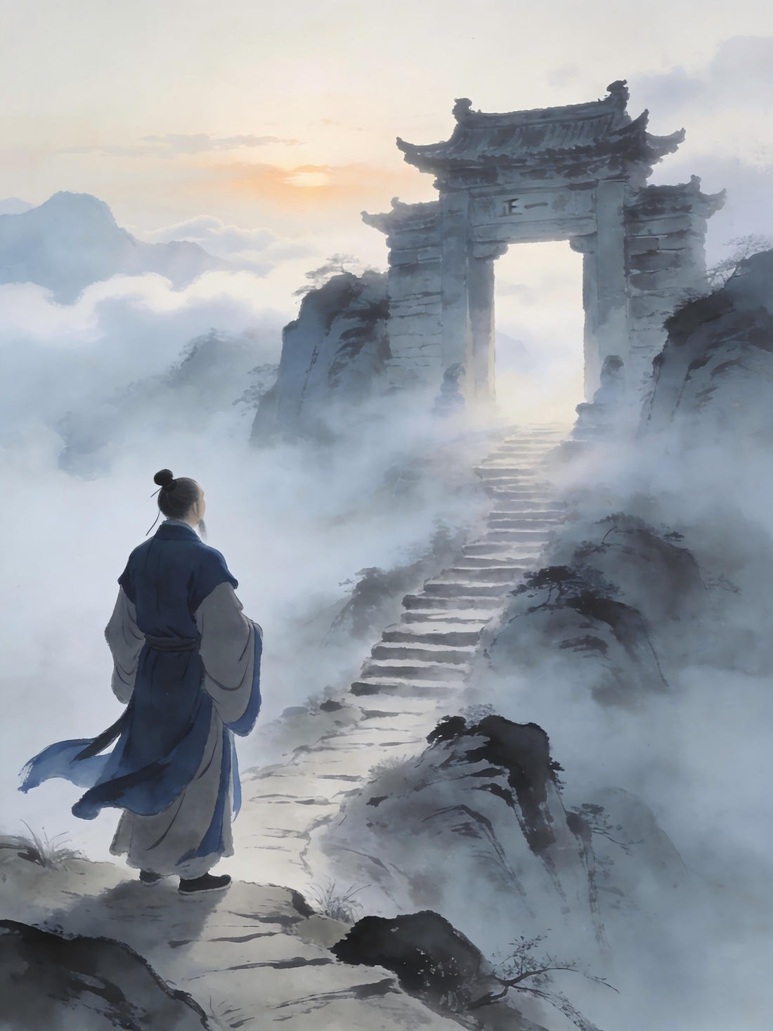 Taoist practitioner standing at mountain path at dawn, Ten Transformations spiritual journey, Longhu Mountain