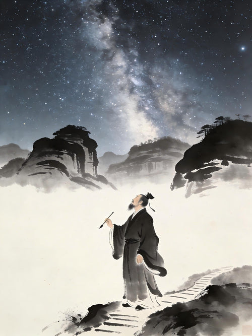 Taoist priest gazing at stars on Longhu Mountain holding brush, Three-Five wisdom complete practice