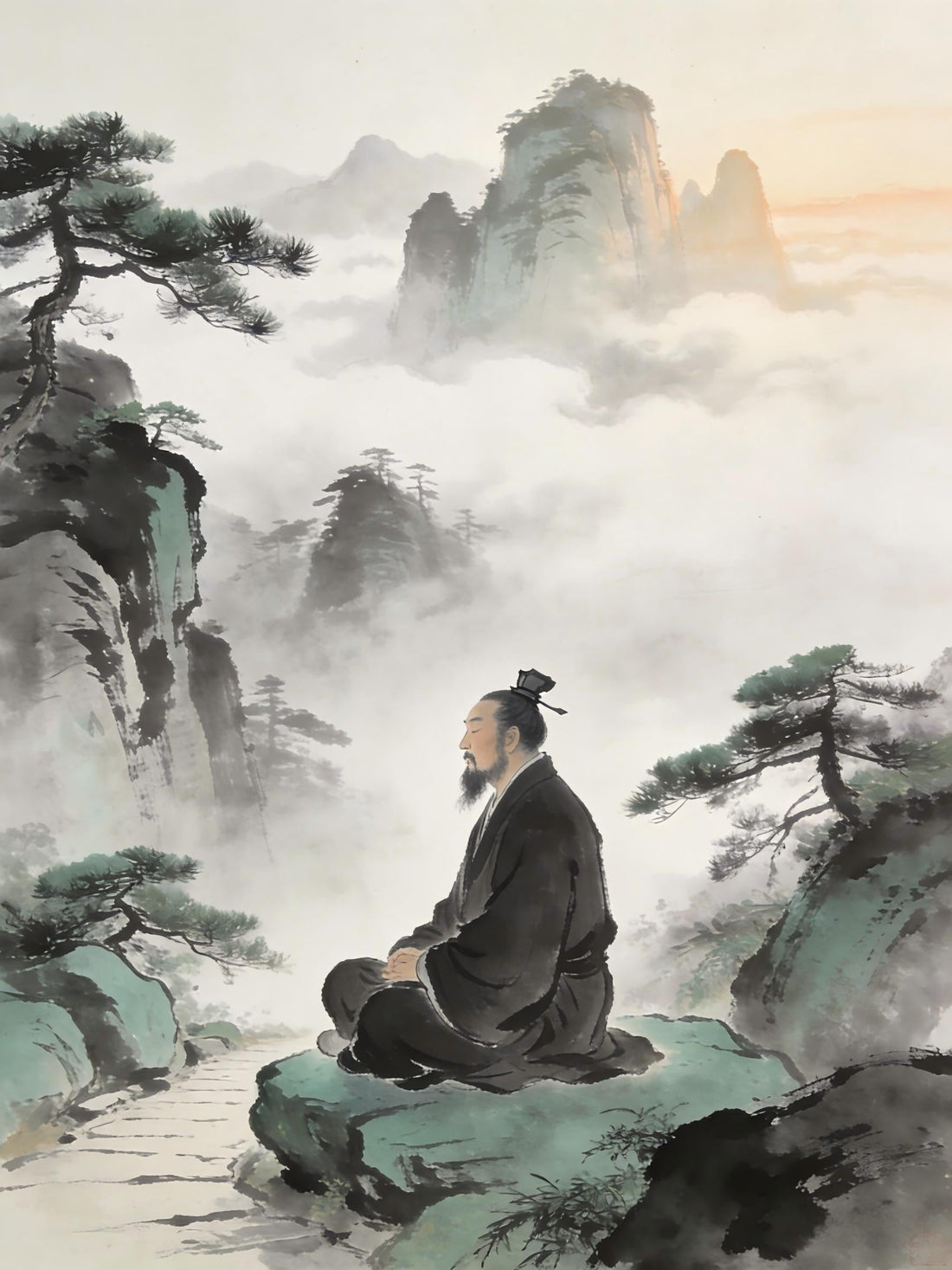 Taoist priest meditating in morning mist at Longhu Mountain, Three Abidings longevity practice