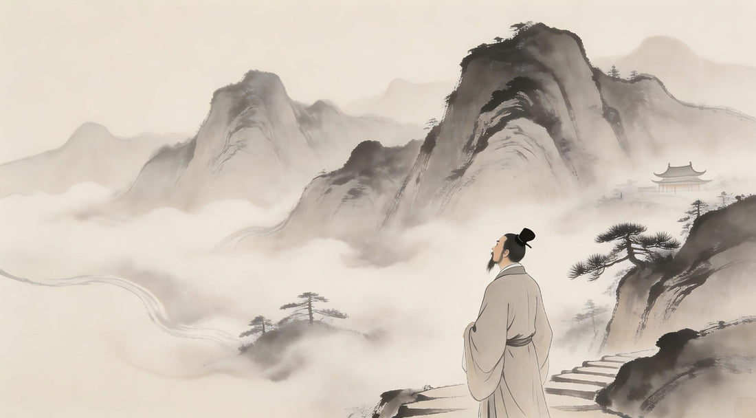 Taoist priest on Longhu Mountain path at dawn, representing the harmony of three essences