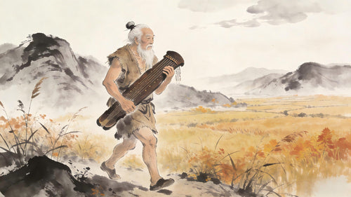 Elderly Taoist sage walking in field with qin instrument, three joys San Le Liezi teaching on contentment, classical Taoism