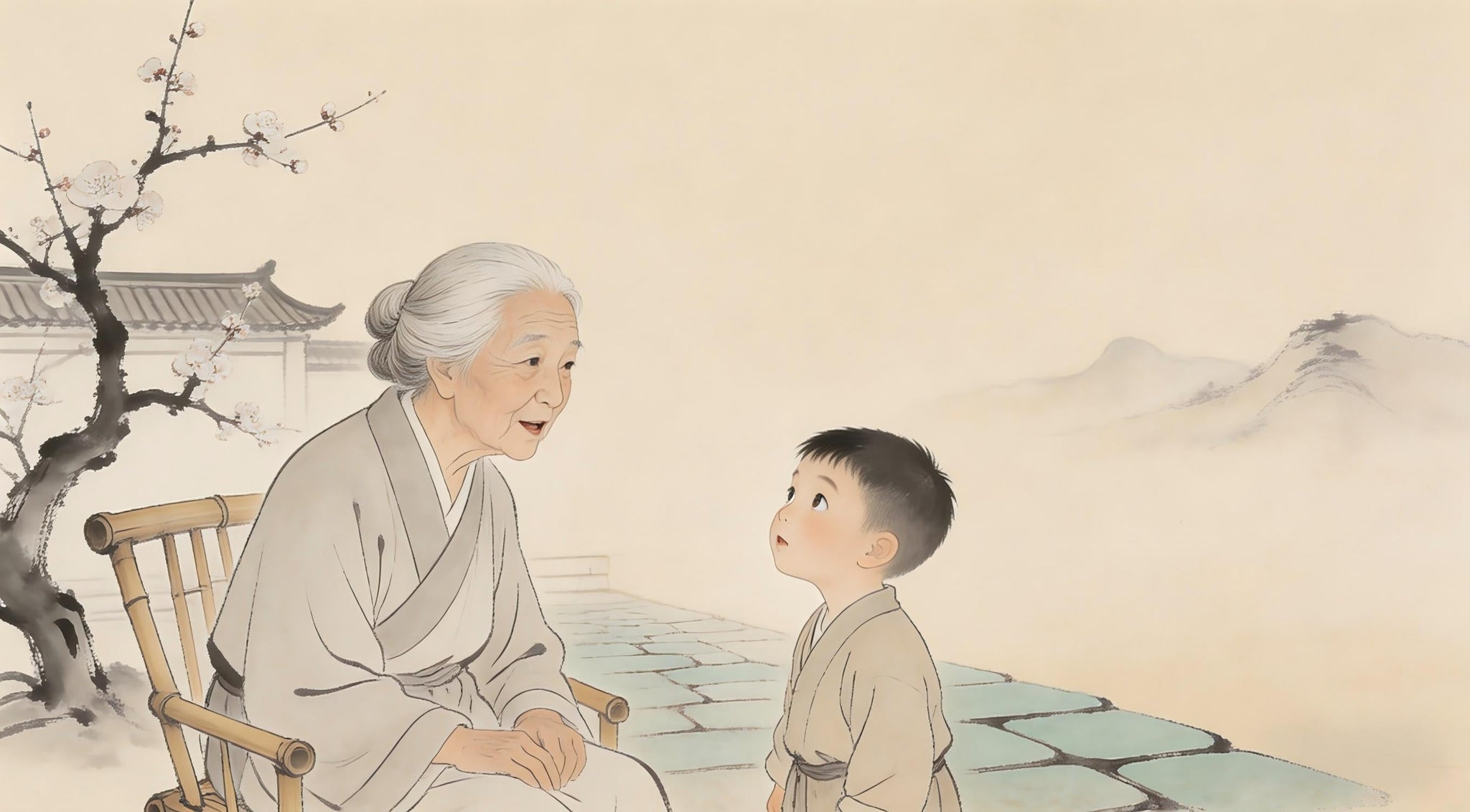 Grandmother and child, ancestral wisdom in Three Lives teaching, Taoist tradition