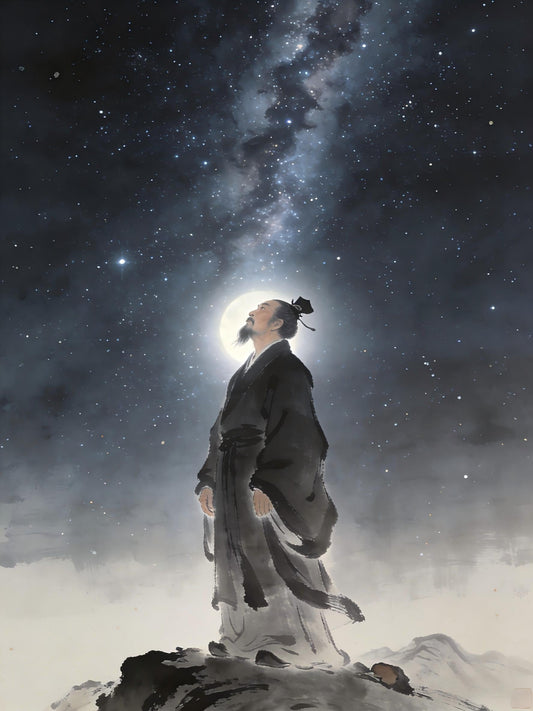 Taoist practitioner gazing at starry sky, three luminaries San Ming heaven earth human cosmology, Huangjing Neijing cultivation
