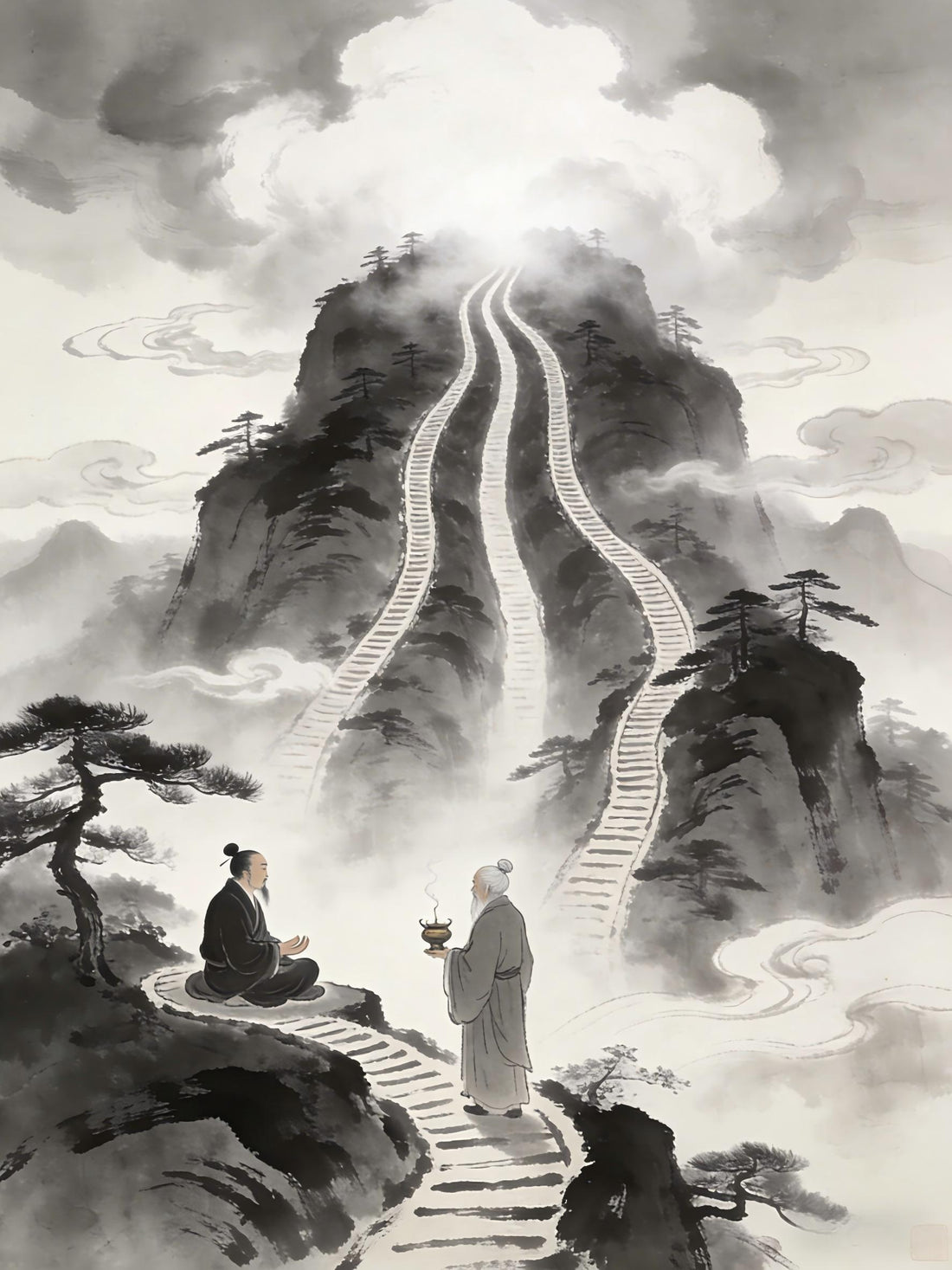 Three mountain paths converging at summit, Taoist three paths of immortality essence breath elixir, Longhu Mountain cultivation