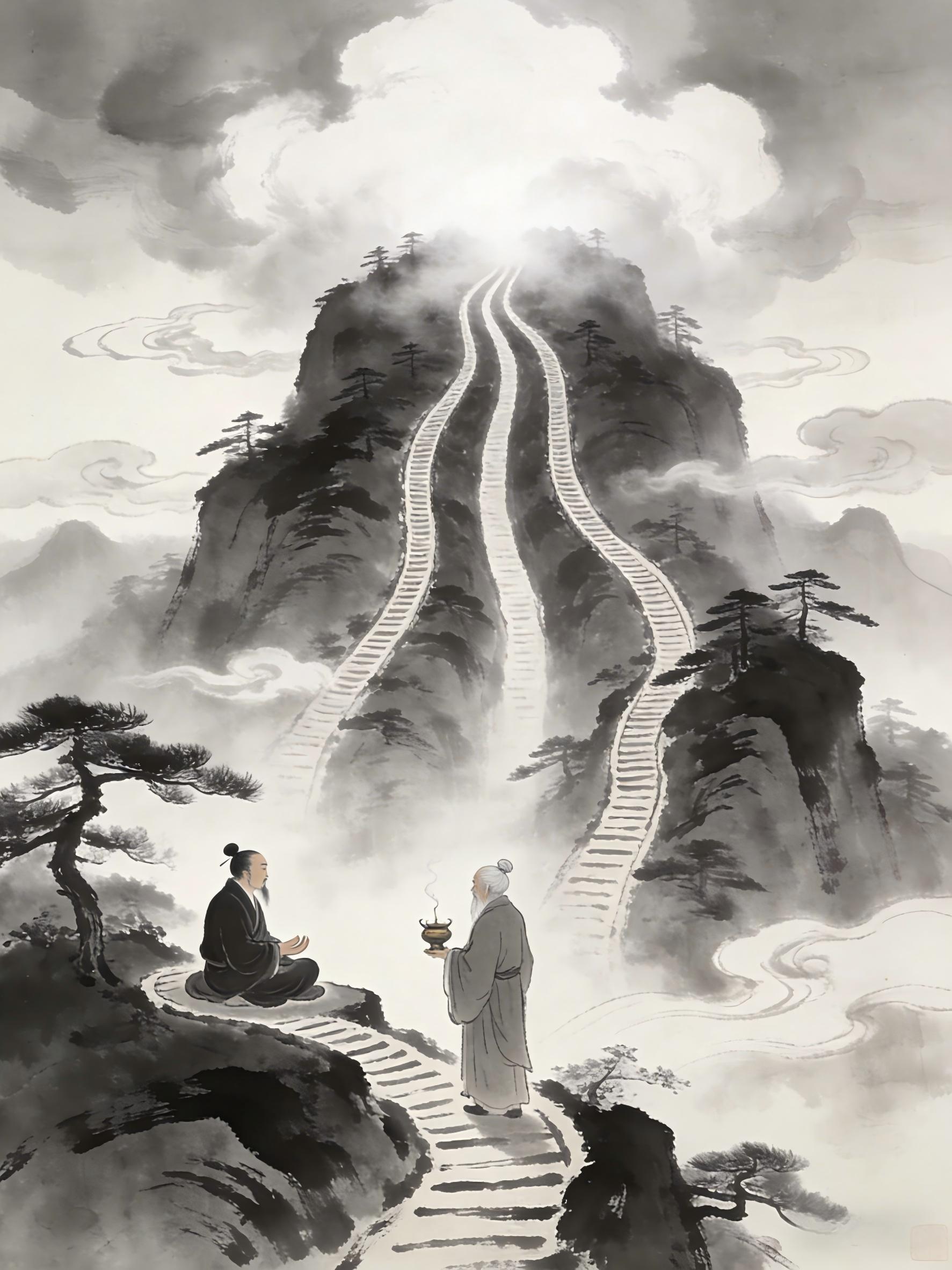 Three mountain paths converging at summit, Taoist three paths of immortality essence breath elixir, Longhu Mountain cultivation