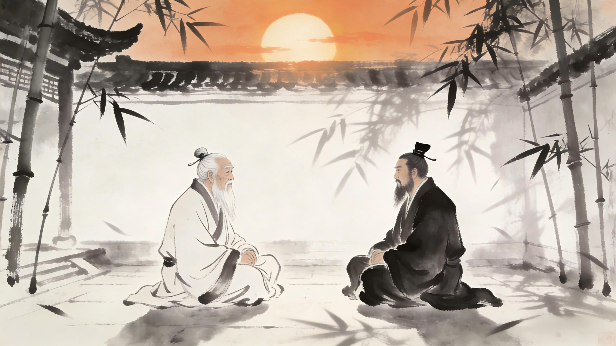 Taoist priest discussing cosmic origins with master at Longhu Mountain, bamboo shadows representing Three Primes cosmology