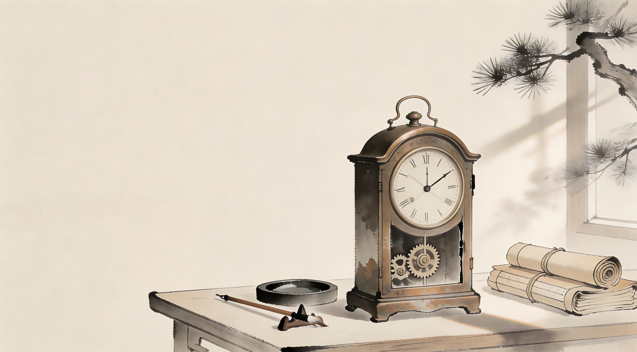 Ancient clock in Taoist temple, past present future transformation
