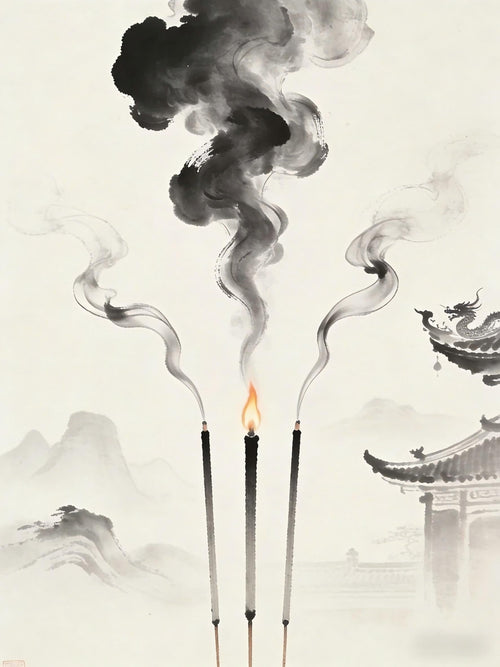 Three incense sticks burning with smoke rising in three directions, symbolizing Three Wisdoms unity in Taoist practice