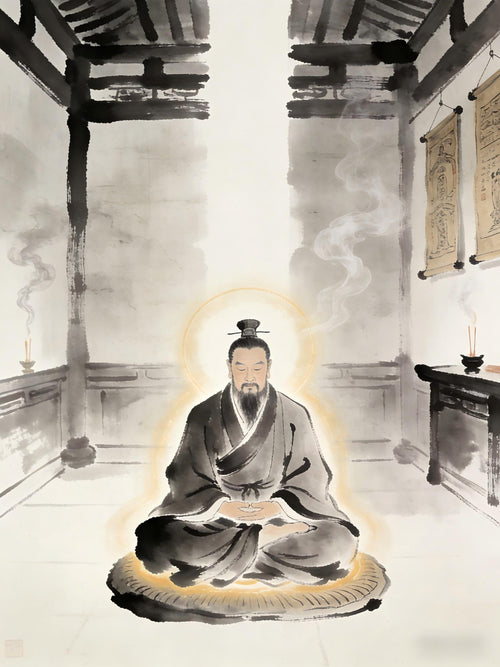 A Taoist practitioner meditating in a dimly lit meditation chamber at Longhu Mountain, soft golden light emanating from their body representing the Treasure Light of spiritual attainment, incense smoke rising, ancient scrolls on the walls