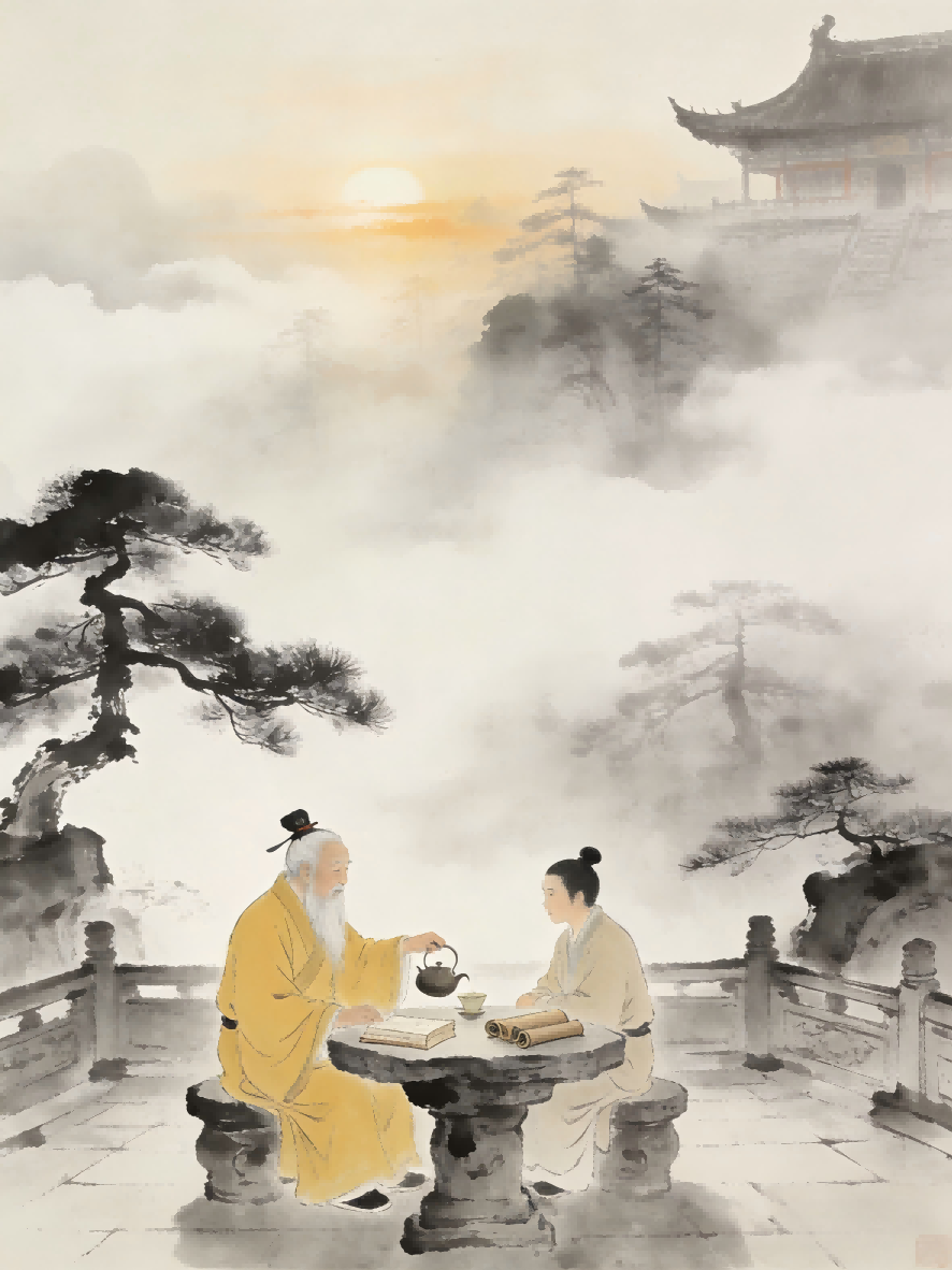 Taoist master teaching Thirteen Good Deeds moral code at Tianshi Fu, Zhengyi Taoism cultivation scene