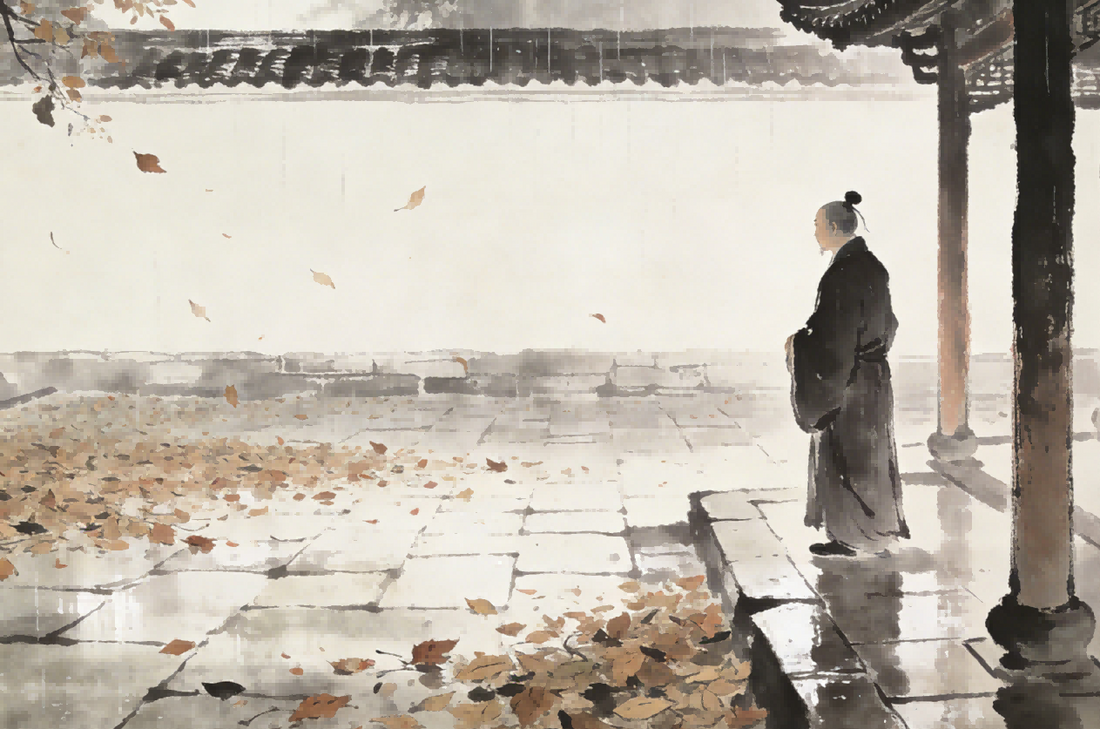 Wet temple courtyard with falling leaves, symbolizing the Three Obstacles in Taoist cultivation, Longhu Mountain