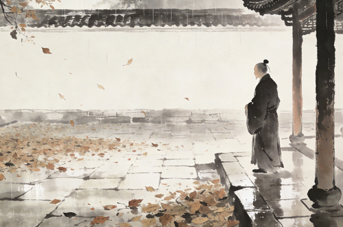 Wet temple courtyard with falling leaves, symbolizing the Three Obstacles in Taoist cultivation, Longhu Mountain