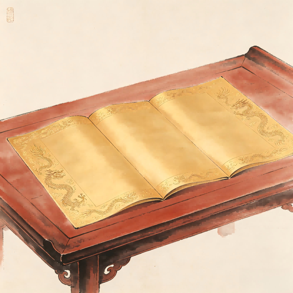 Three golden Taoist ordination documents displayed on ceremonial table