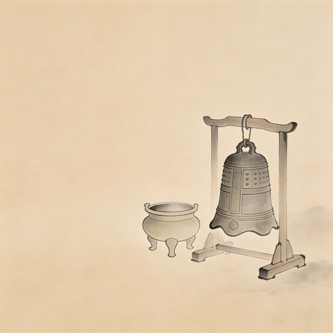 Ti Ke Taoist temple bell and incense burner ink painting