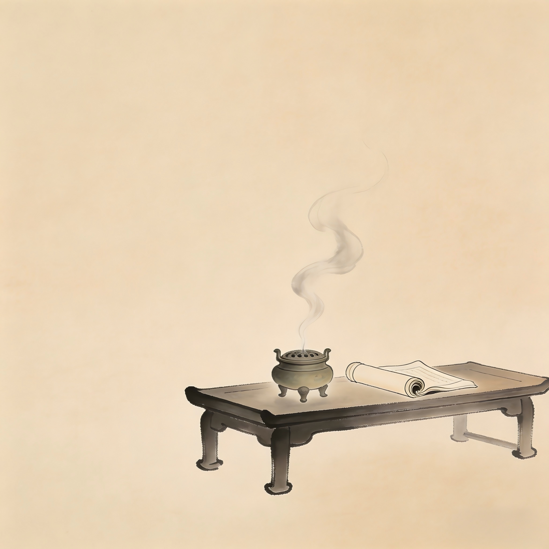 Ti Ke Shi Taoist scripture scrolls on desk ink painting