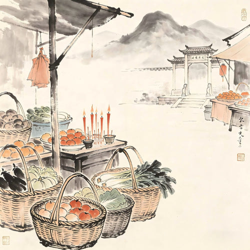 A traditional market scene with ritual supplies in Chinese ink painting style