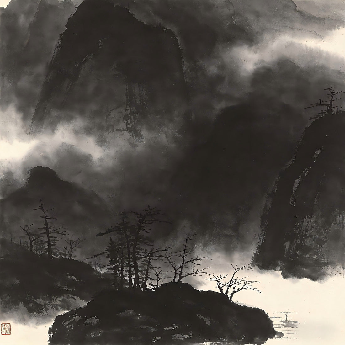Dark deep valley shrouded in thick mist, representing the Taoist underworld