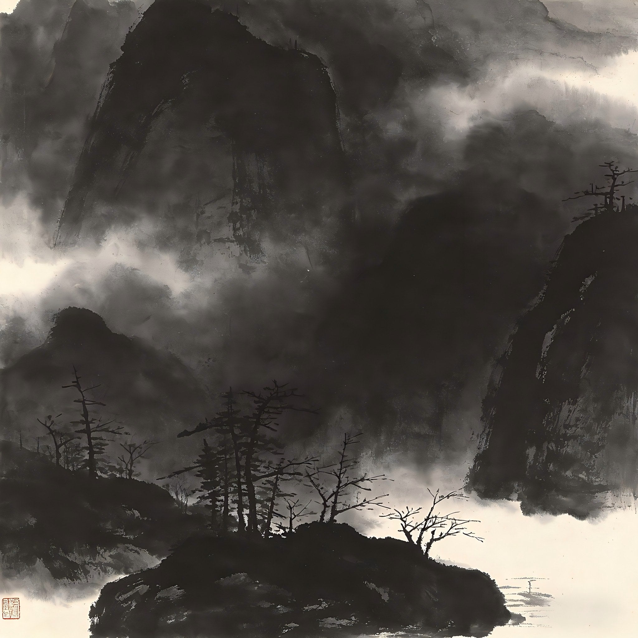 Dark deep valley shrouded in thick mist, representing the Taoist underworld