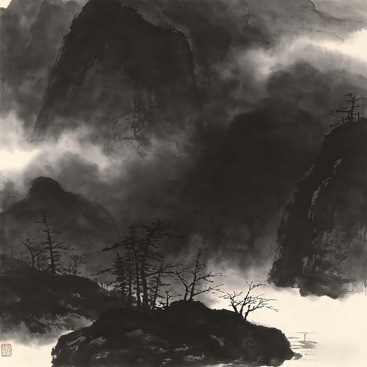 Dark deep valley shrouded in thick mist, representing the Taoist underworld