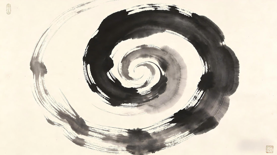 Ink painting of circular cosmic cycles, concentric rings fading into mist, representing ten thousand kalpas of formation and destruction