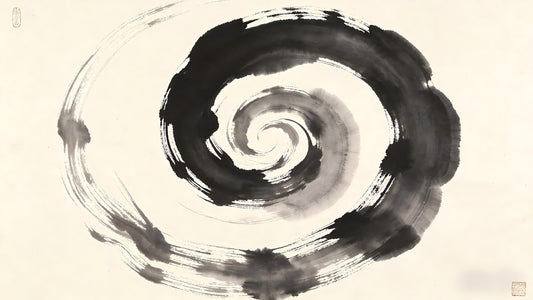 Ink painting of circular cosmic cycles, concentric rings fading into mist, representing ten thousand kalpas of formation and destruction