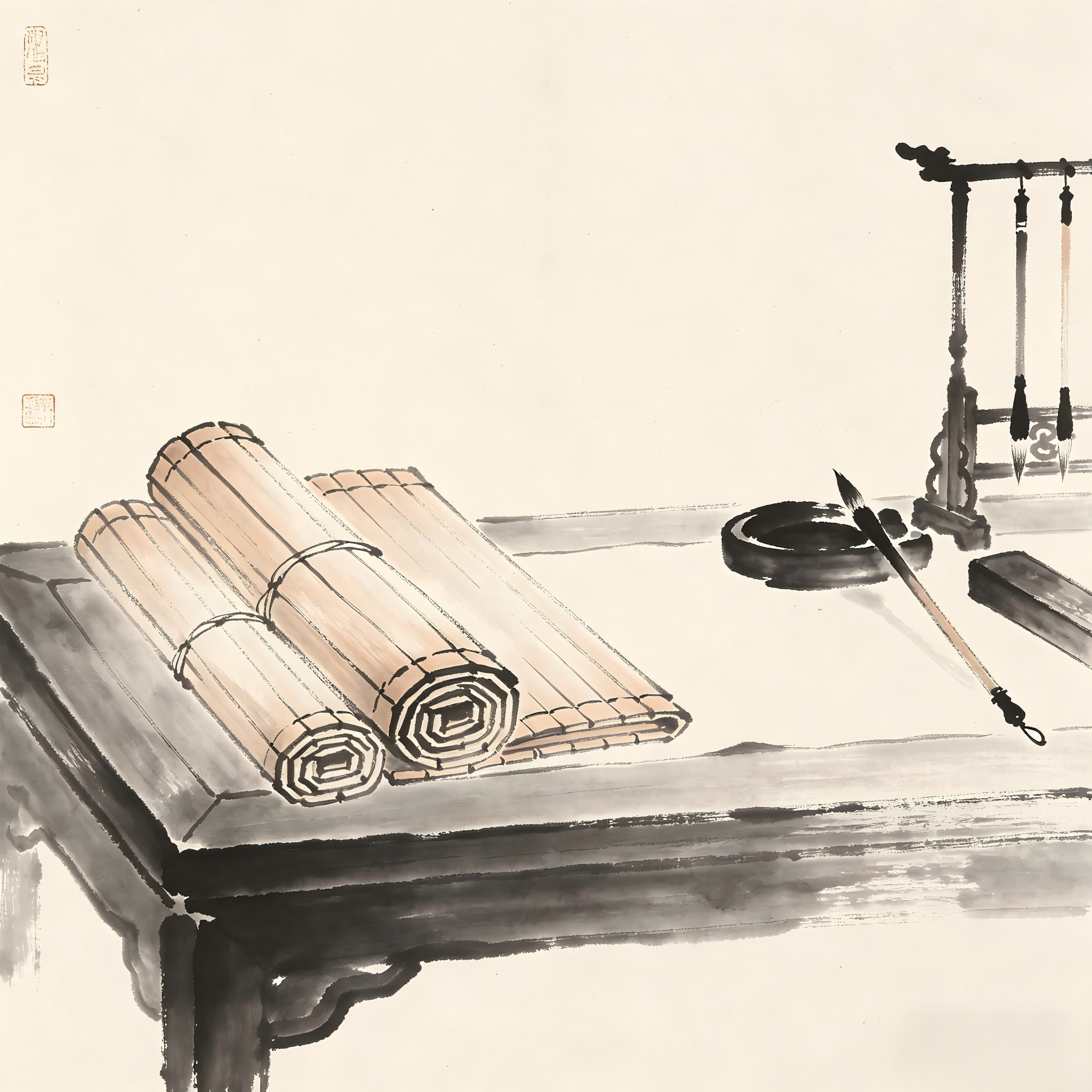 Ancient Chinese calligraphy brush and ink stone in traditional ink wash painting
