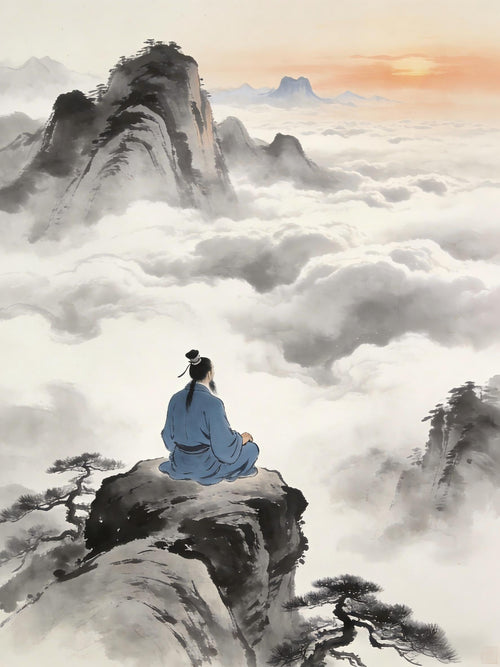 Taoist practitioner sitting on mountain rock at Longhu Mountain, mist below, contemplating Xuduguan