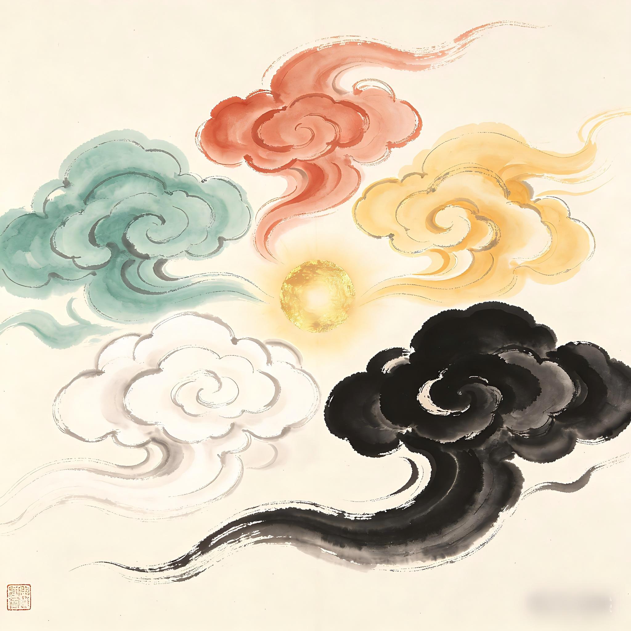 Five colored clouds occupying five directions with golden light at center, traditional Chinese ink painting