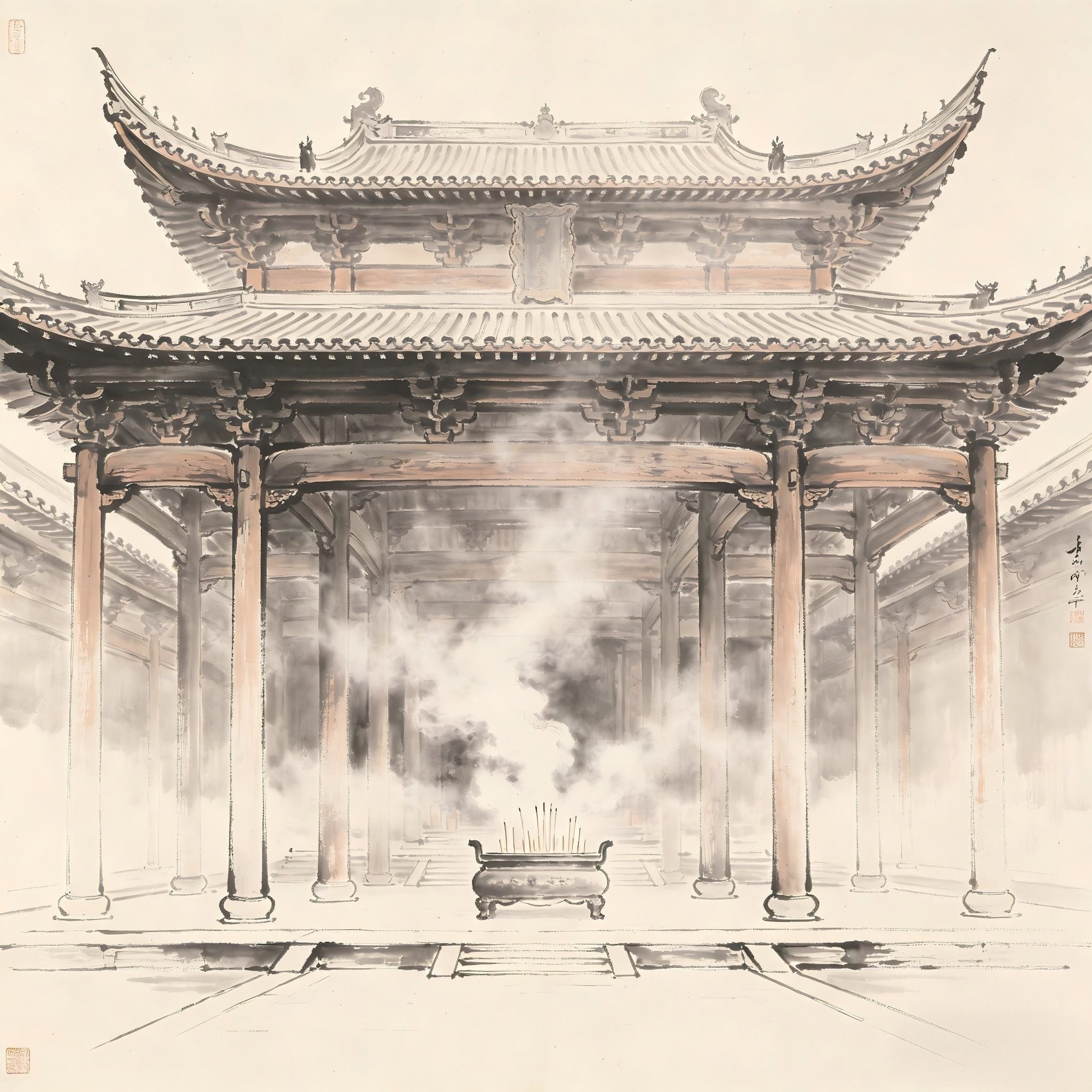 Wu Zhe Fa Hui Taoist vast assembly hall with incense ink painting