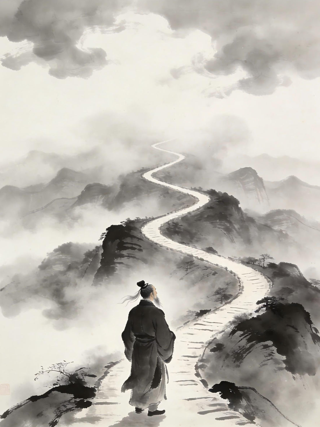 Taoist priest standing at mountain crossroads, representing Wu Zhu Guan