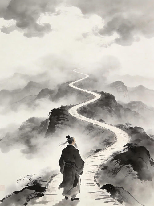 Taoist priest standing at mountain crossroads, representing Wu Zhu Guan