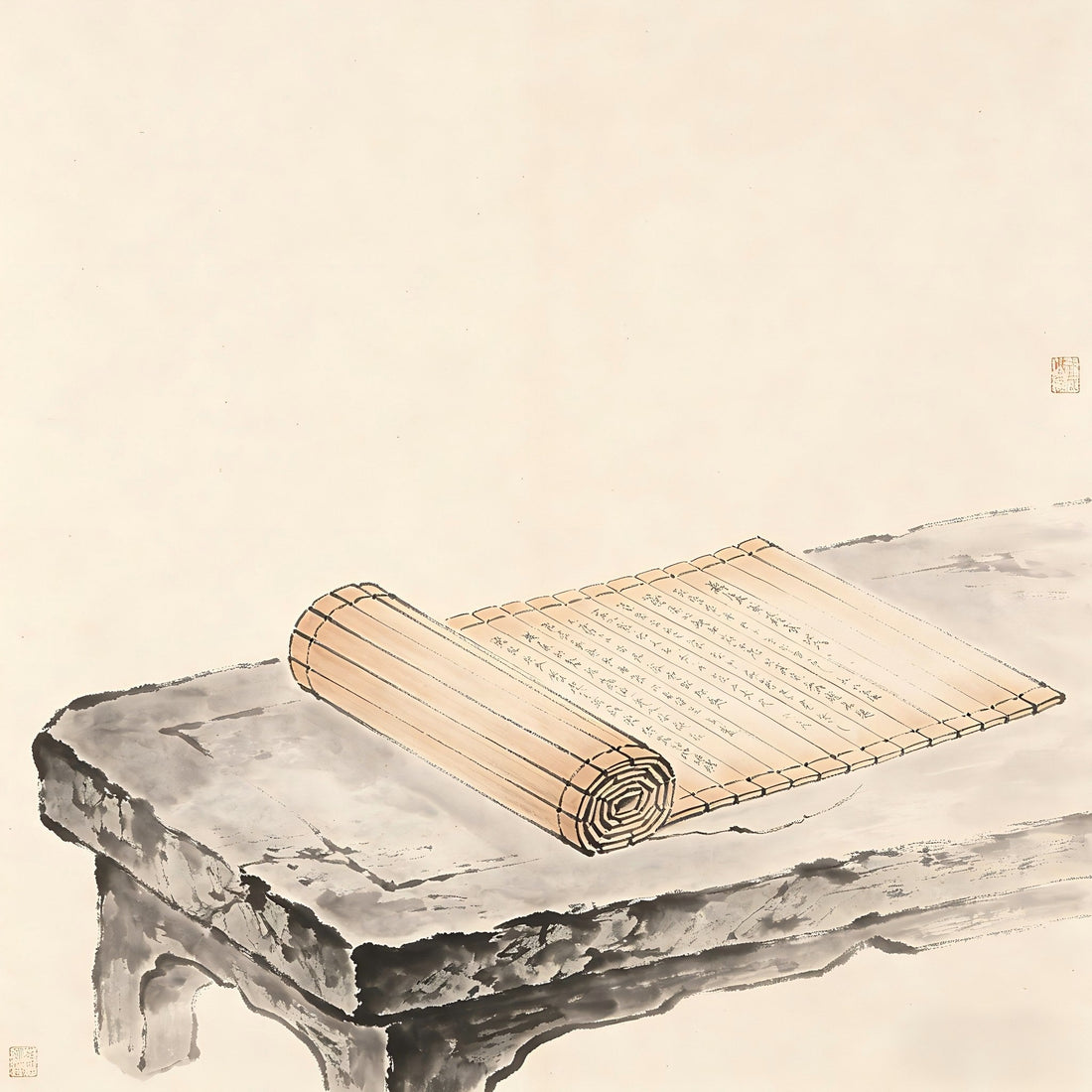 Ancient bamboo slips and scrolls on a stone desk, representing Xiangshu studies