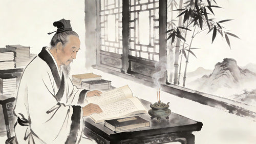 Ming Dynasty Taoist study scene with senior priest reading classical texts, incense burning, representing Internal Alchemy cultivation tradition andXianjia Siguo